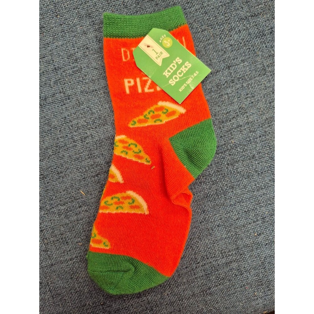 Kids Pizza Themed Socks With "Did You Say Pizza?" Print & Green Accents
